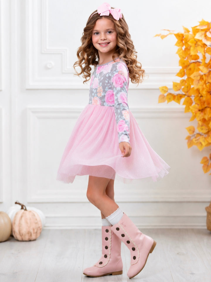 Girls floral party dress with tulle skirt.