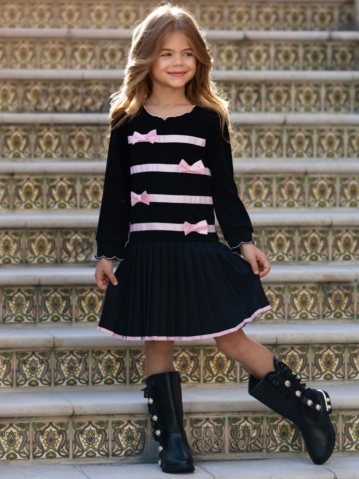 Elegant girls knit dress with satin bows, perfect for family photos, church, birthdays, and holiday celebrations.