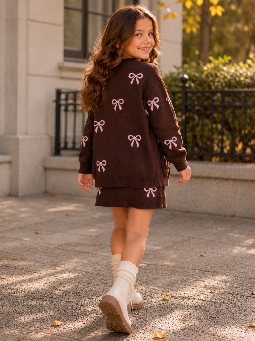 Chocolate Bow Knit Dress and Cardigan Set Brown / 4/5