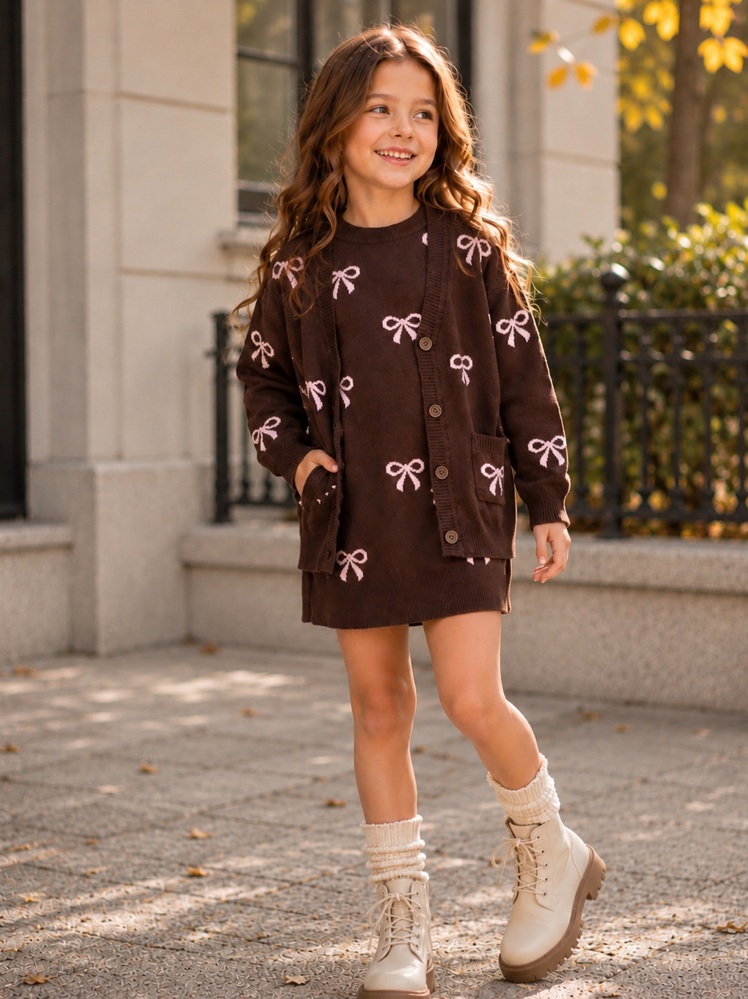 Chocolate Bow Knit Dress and Cardigan Set Brown / 4/5