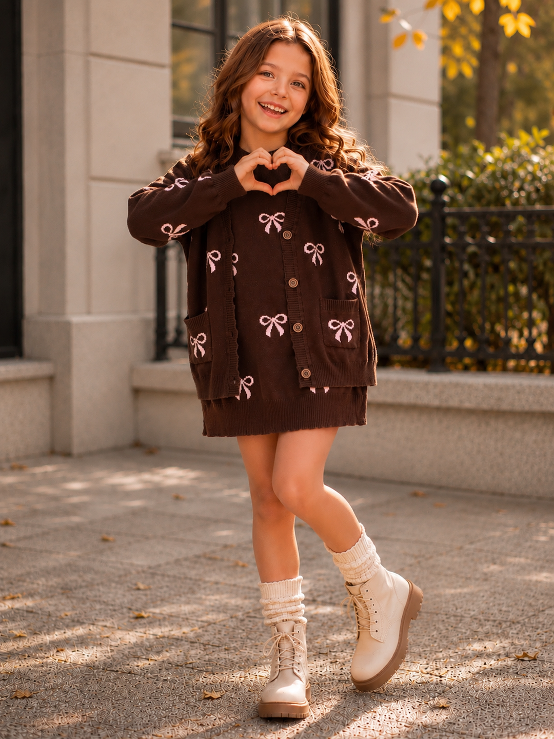 Chocolate Bow Knit Dress and Cardigan Set Brown / 4/5
