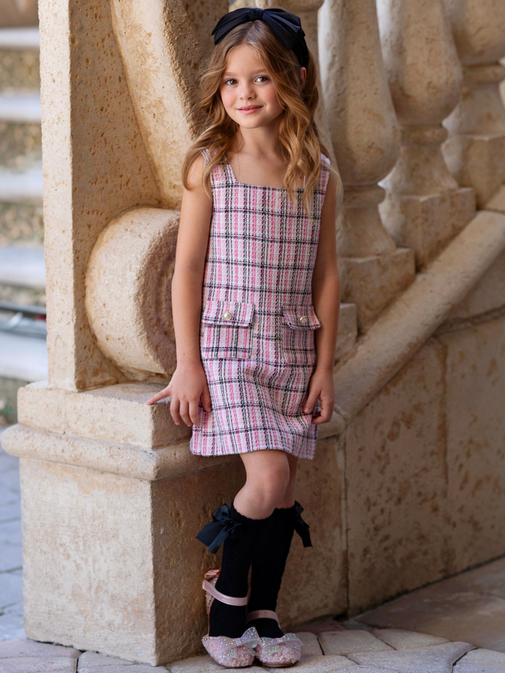 Girls pink tweed shift dress perfect for holidays, church, birthdays, weddings, and family photos.