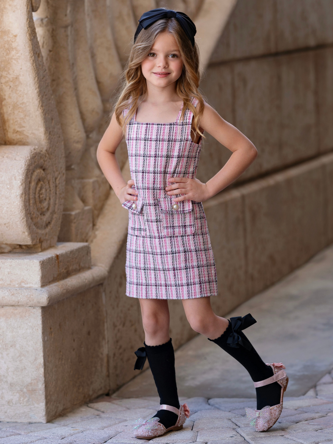 Girls pink tweed shift dress perfect for holidays, church, birthdays, weddings, and family photos.