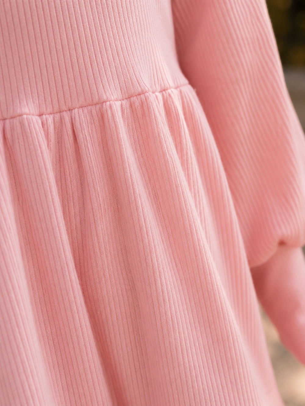 Toddler girl blush ribbed knit dress for fall family photos.