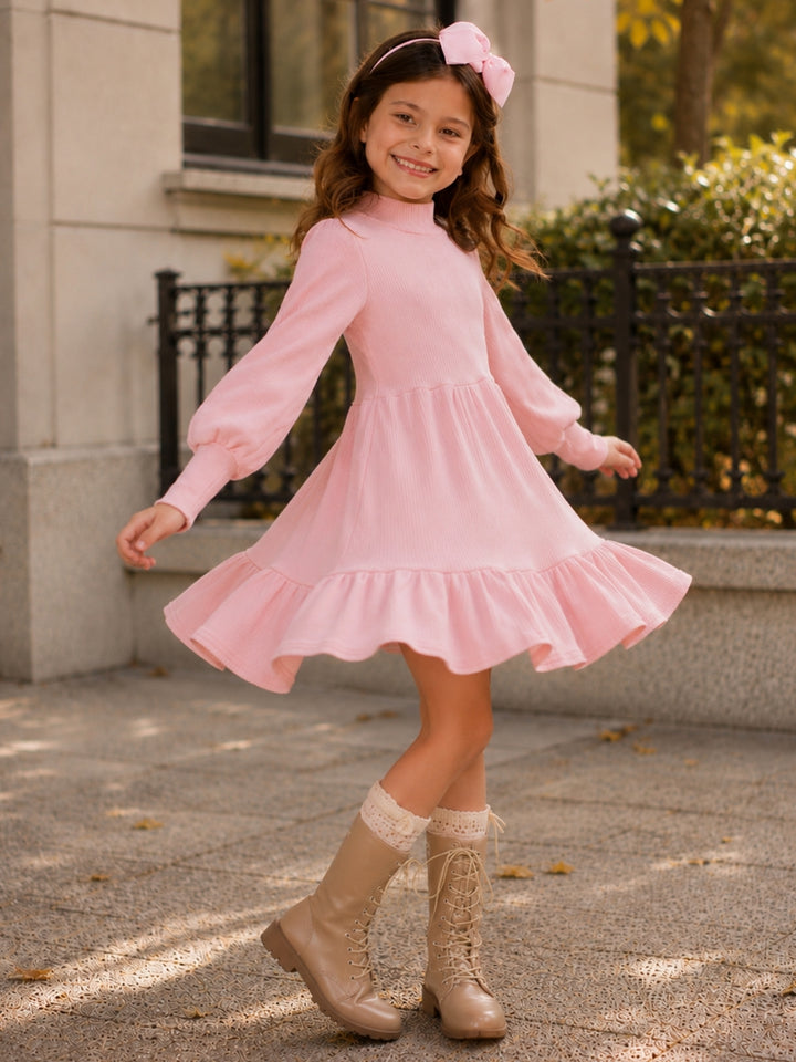 Girls neutral pink ribbed dress for first day of school.