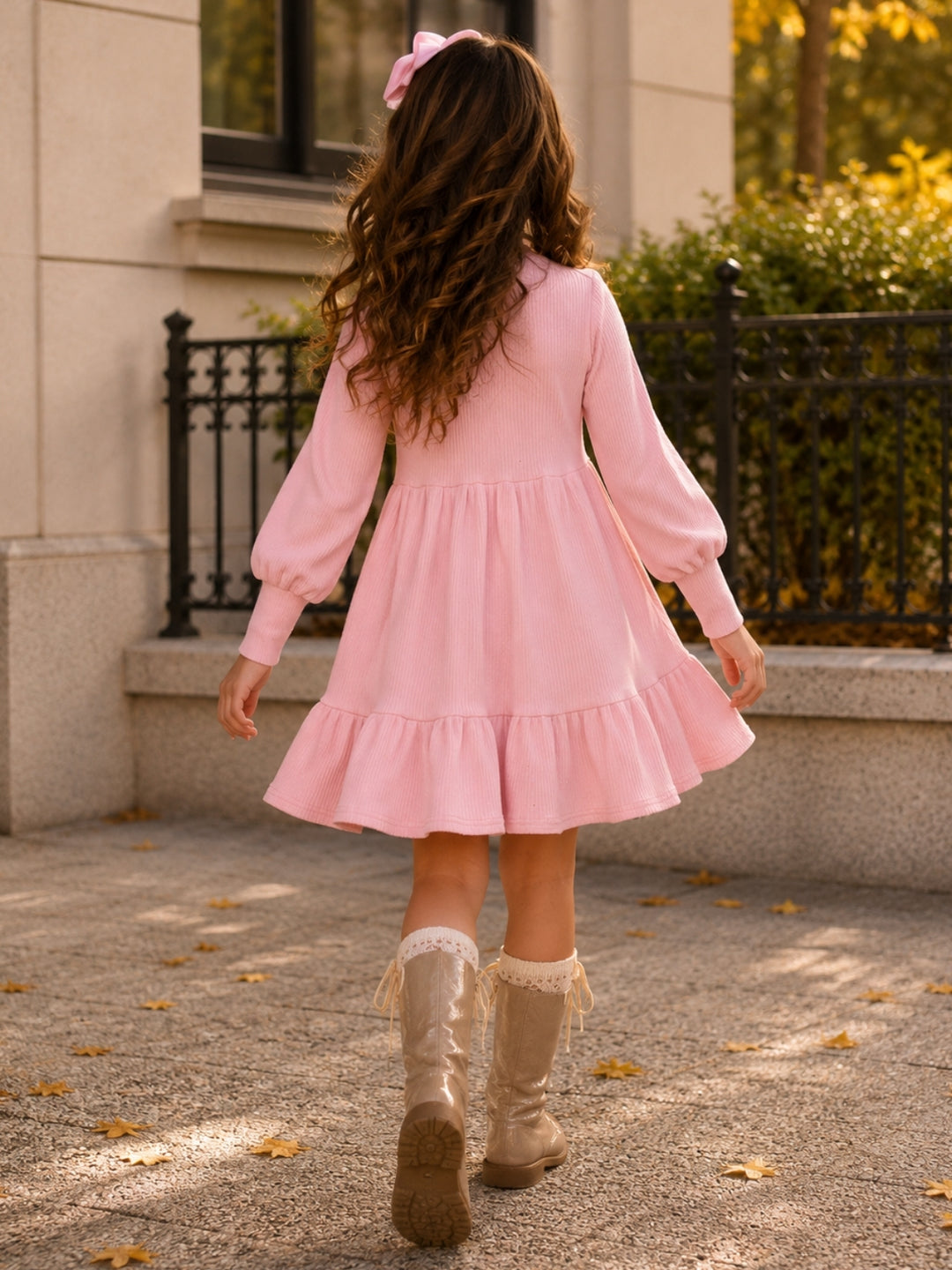 Girls fall twirl dress with soft ribbed fabric.