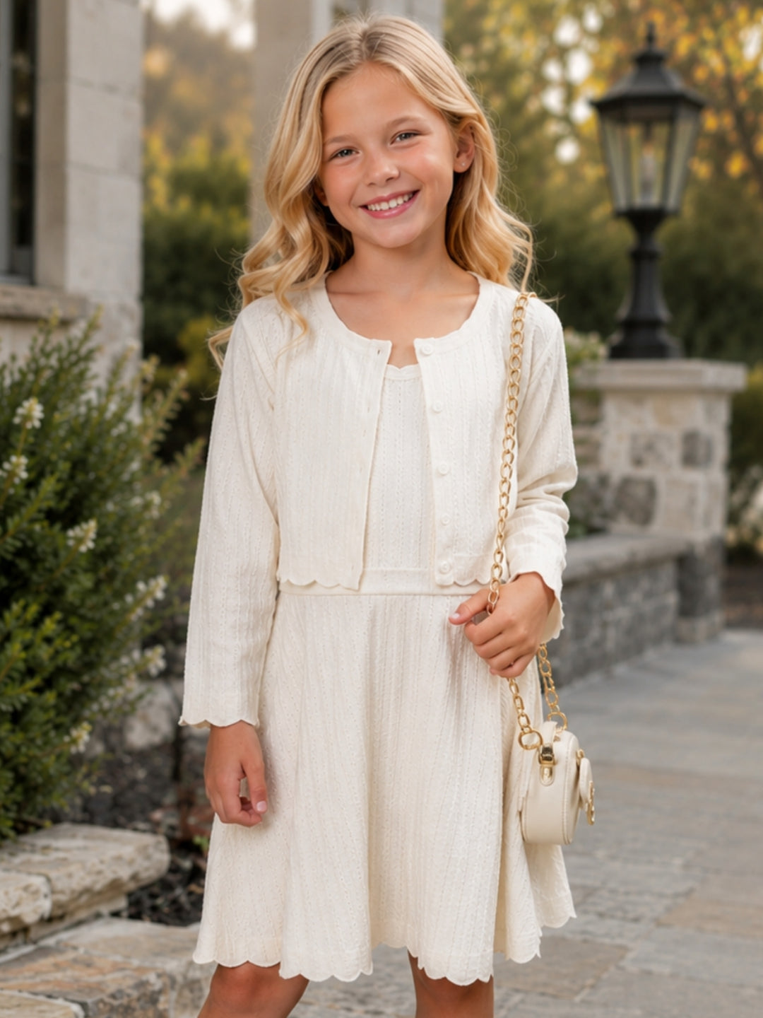 Girls ivory knit dress for Thanksgiving and family photos.
