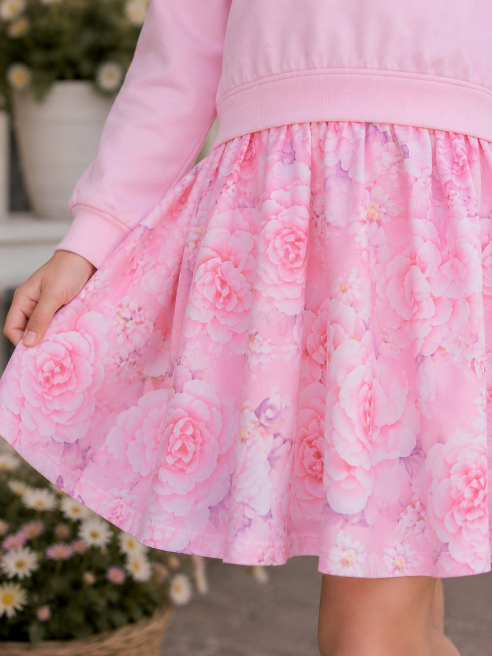 Girls blush pink party dress with watercolor floral print.