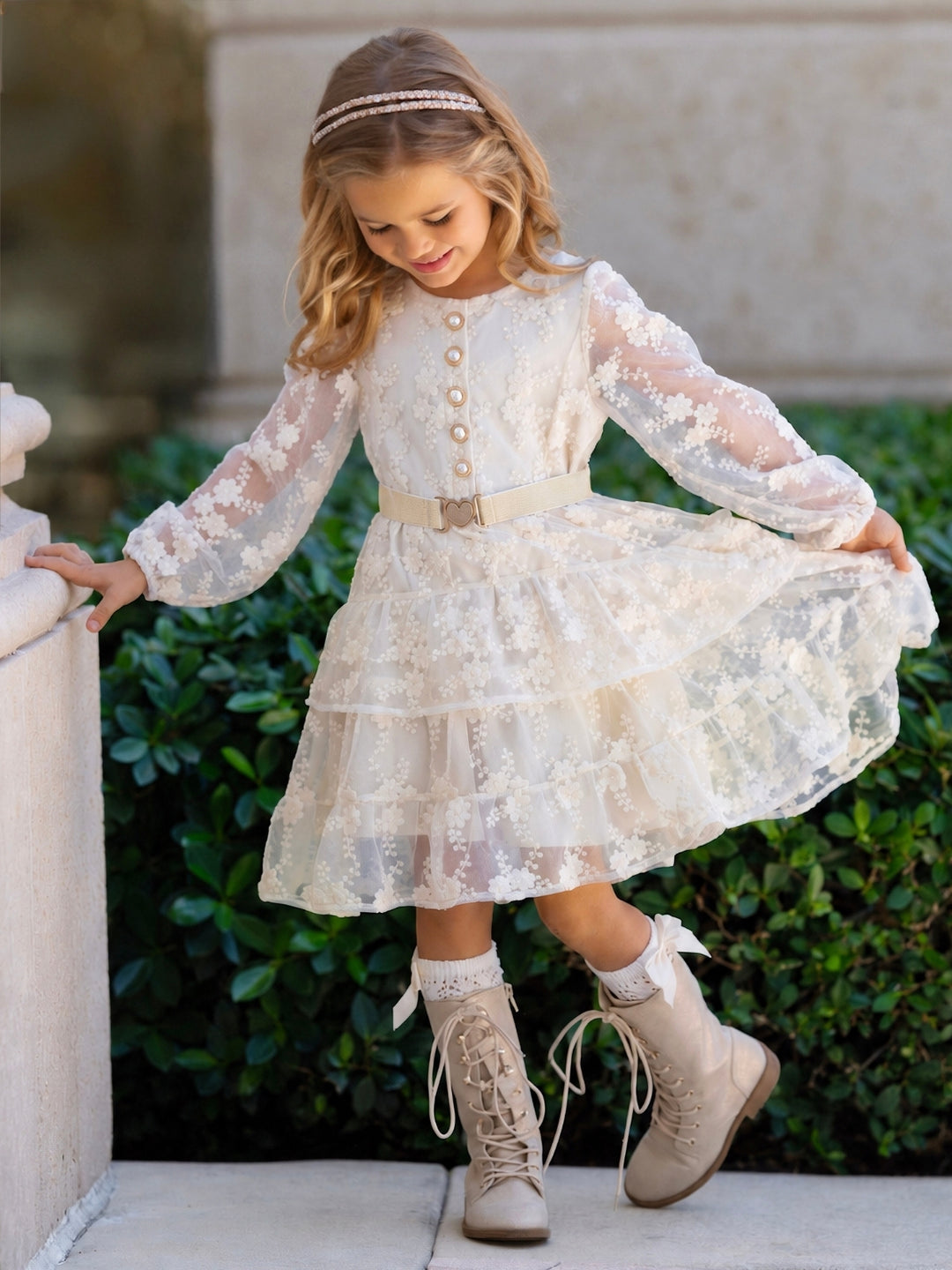 Golden Grace Tiered Belted Dress