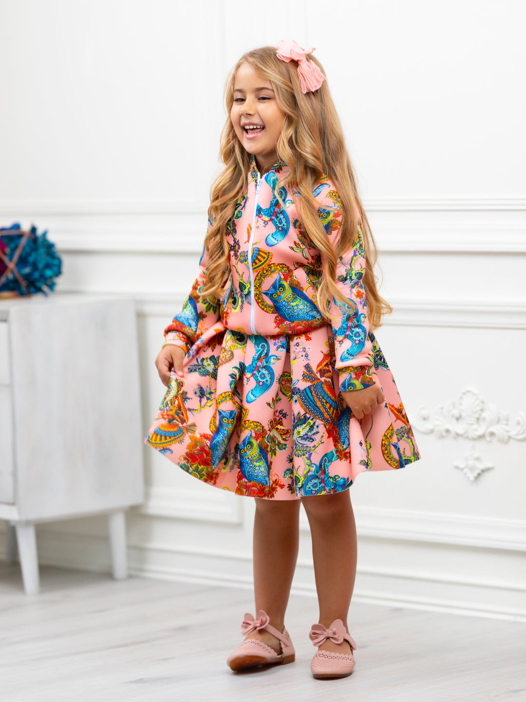 Botanical Owl Coral Neoprene Bomber Jacket by Kids Couture Mia Belle Girls