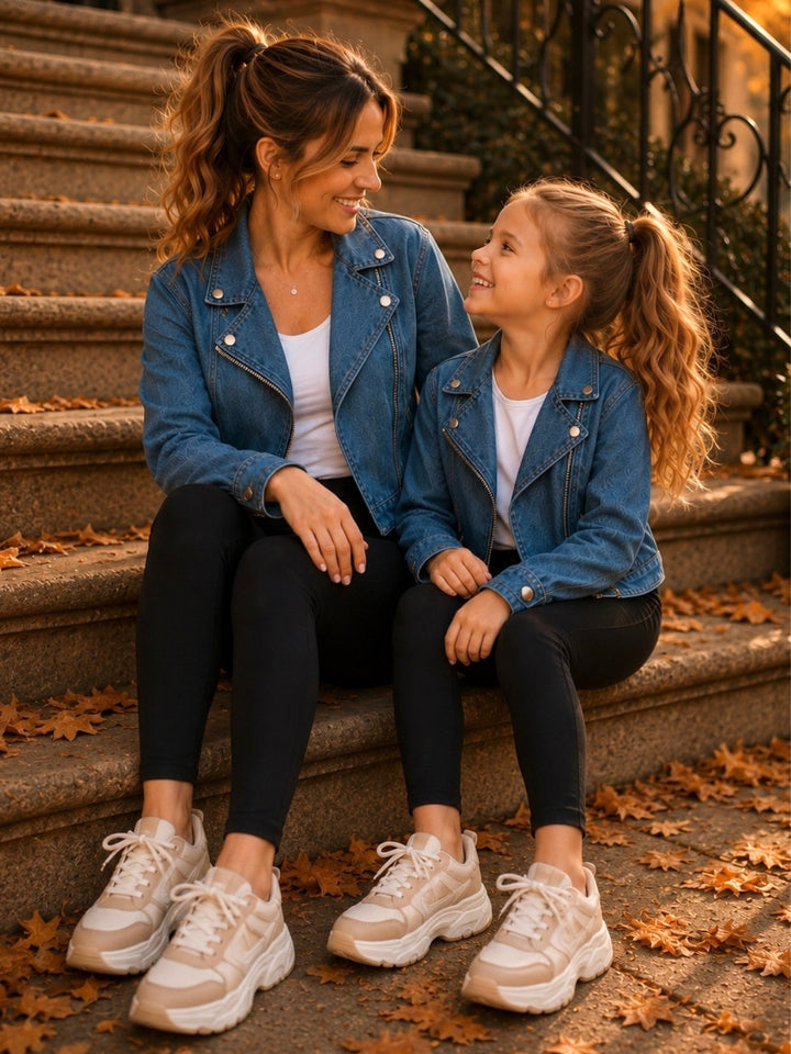 Matching family photo denim jackets for mom and daughter.