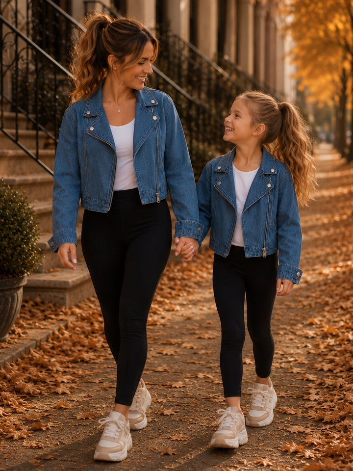 Matching Mommy & Me blue denim moto jackets.