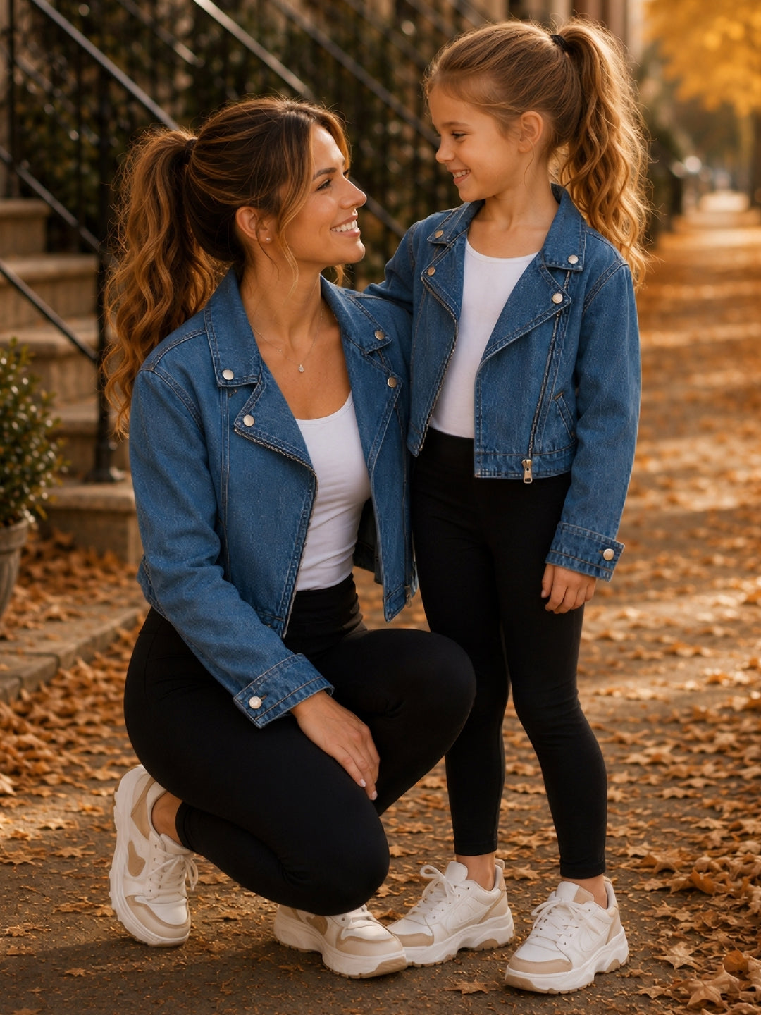 Mom and daughter wearing matching denim moto jackets.
