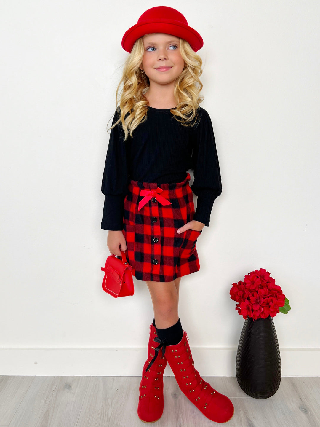 Plaid Present Pocket Skirt Set Mia Belle Girls