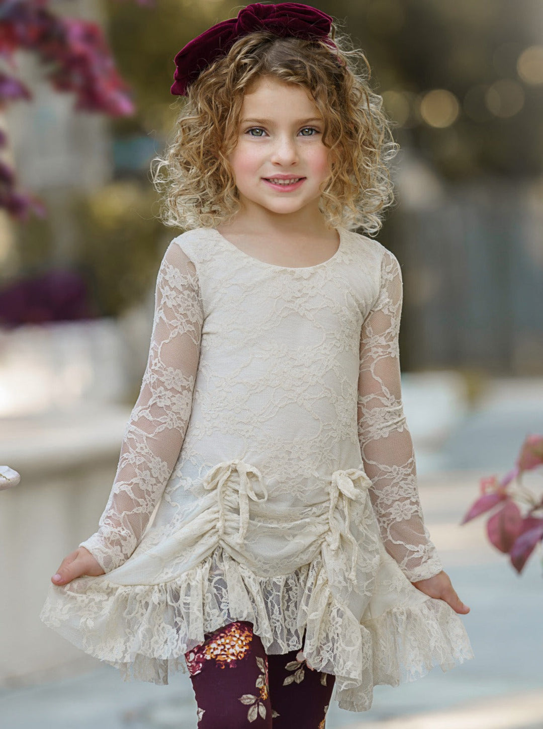Toddler Fall Outfits | Ivory Lace Drawstring Tunic Floral Legging Set
