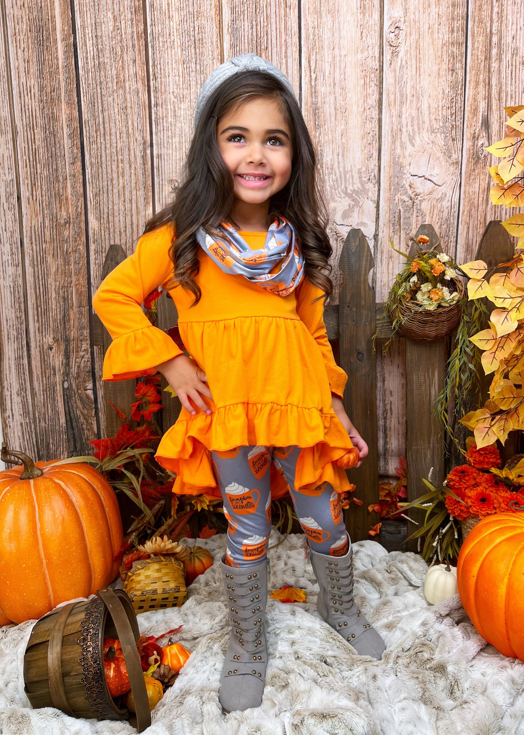 Girls Fall Outfits | Pumpkin Spice Season Tunic, Scarf & Legging Set