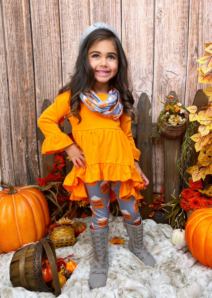 Girls Fall Outfits | Pumpkin Spice Season Tunic, Scarf & Legging Set