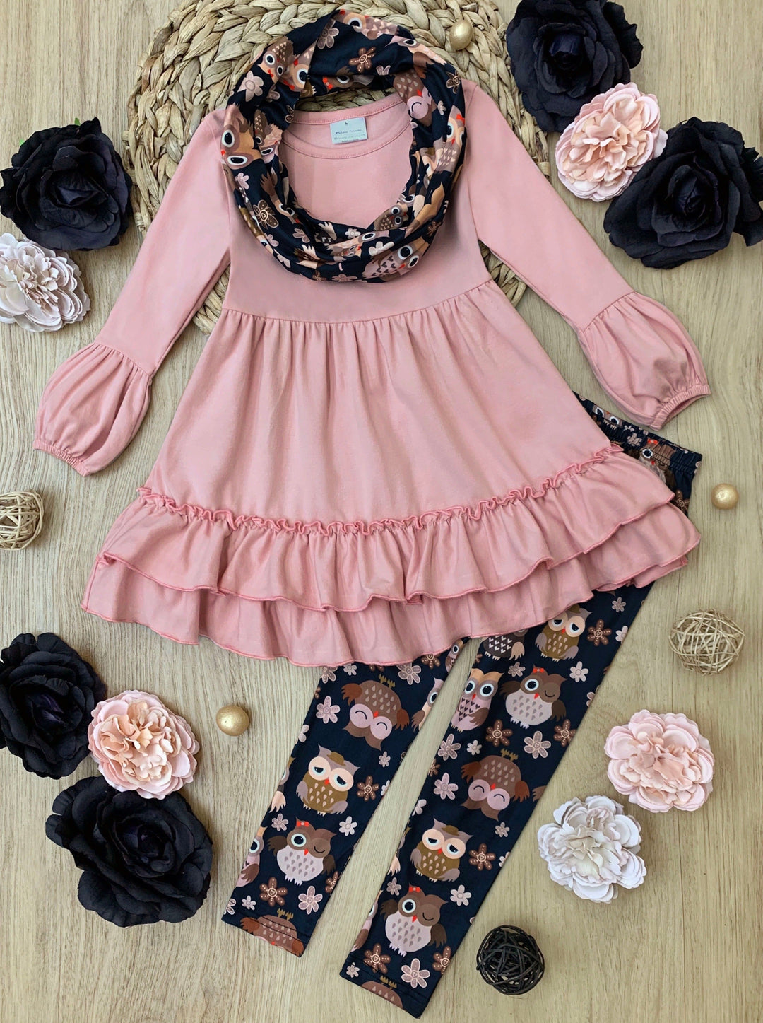 Girls Long Sleeve Ruffled Tunic, Matching Owl Print Legging & Scarf Set - Mia Belle Girls