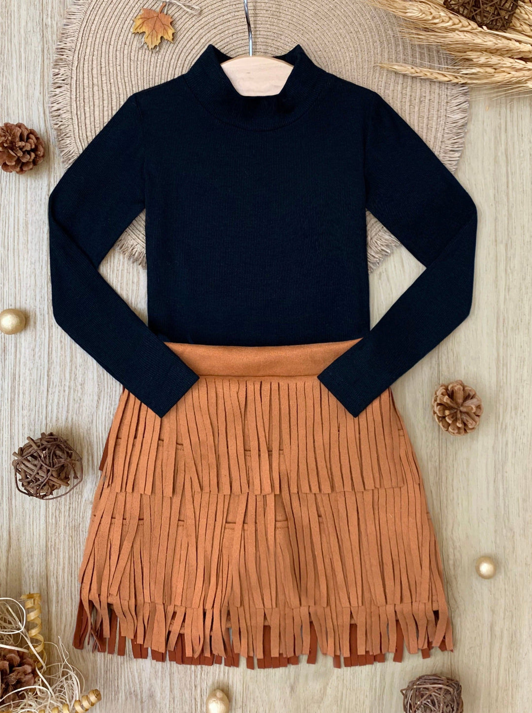 Boho Glam Rib Knit Top & Tan Fringe Suede Shorts