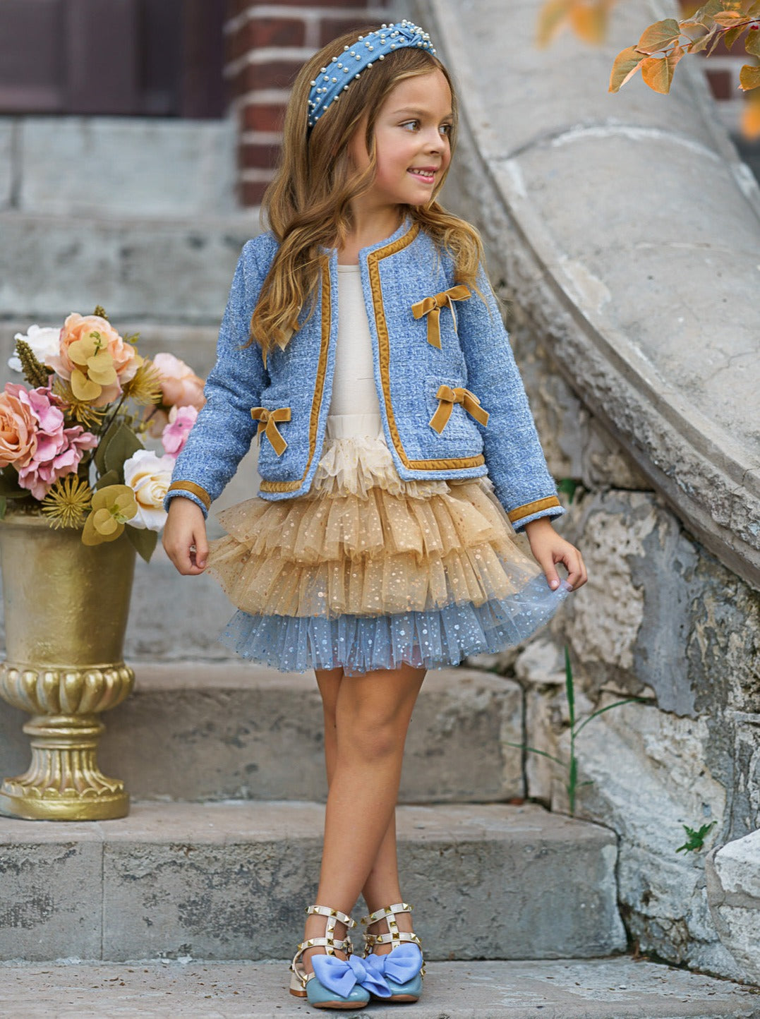 Mia Belle Girls Blue Tweed Jacket & Sequined Tulle Skirt Set 