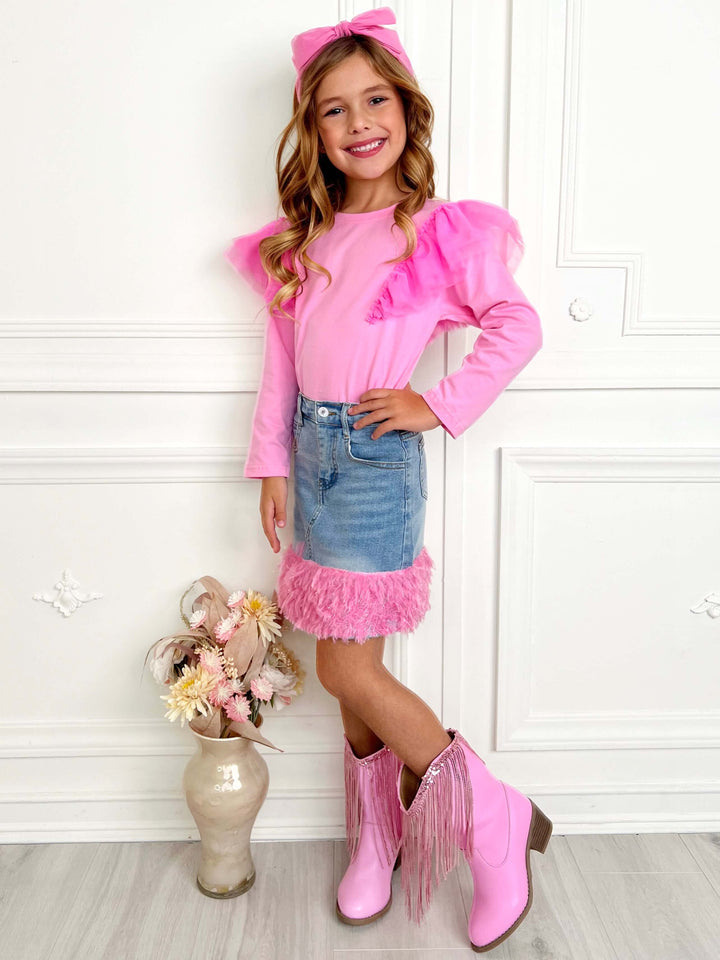 Pink Ruffle Top and Feather Trim Denim Skirt Set Mia Belle Girls