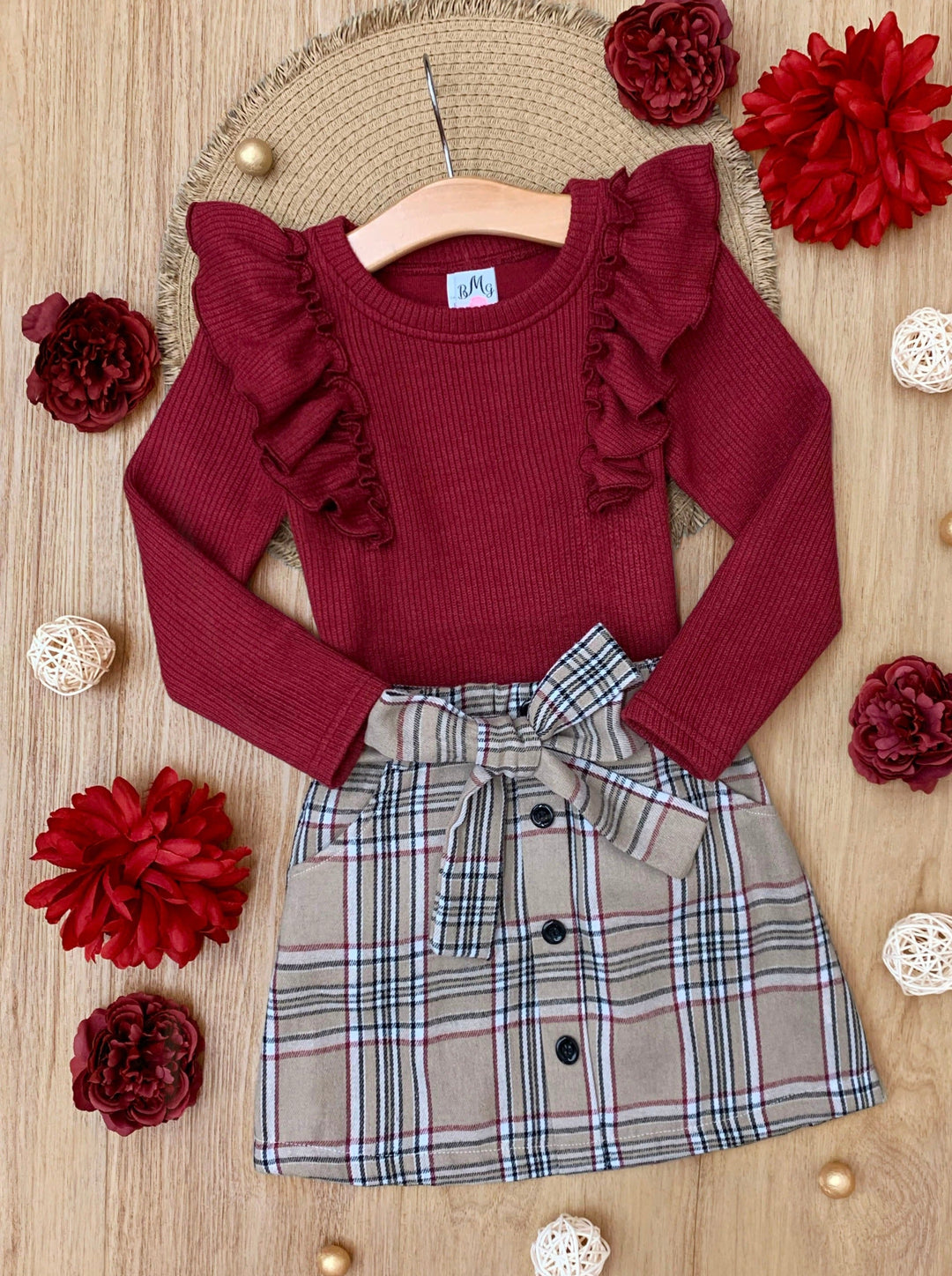 Plaid Chic Girls Ruffled Top and Brushed Fleece Skirt Set Mia Belle Girls