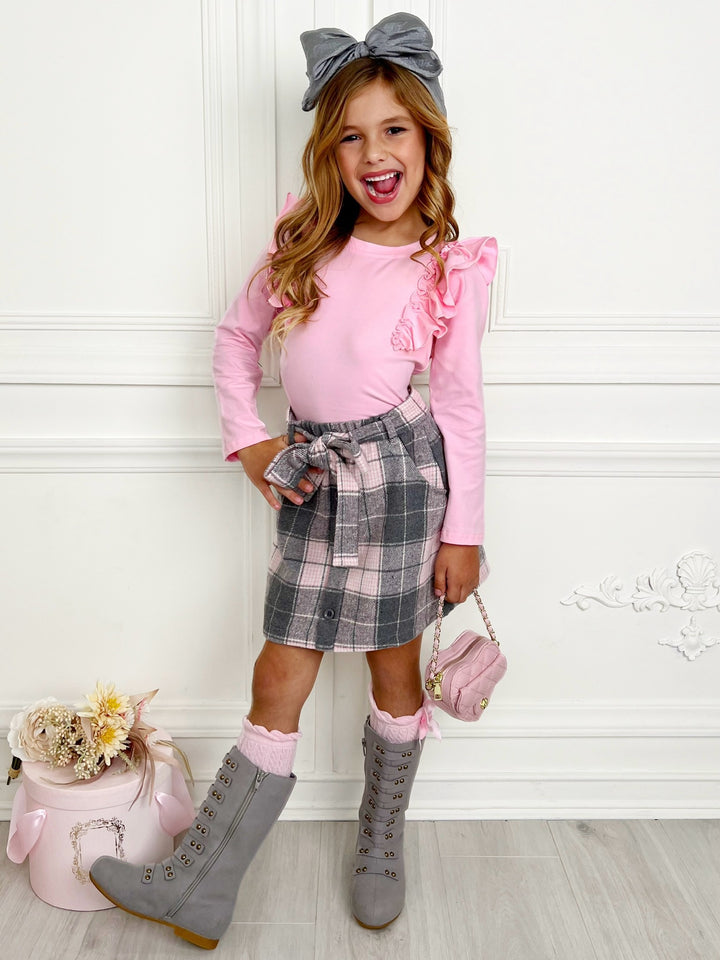 Pretty in Plaid Long Sleeve Top & Fleece Skirt Set Mia Belle Girls