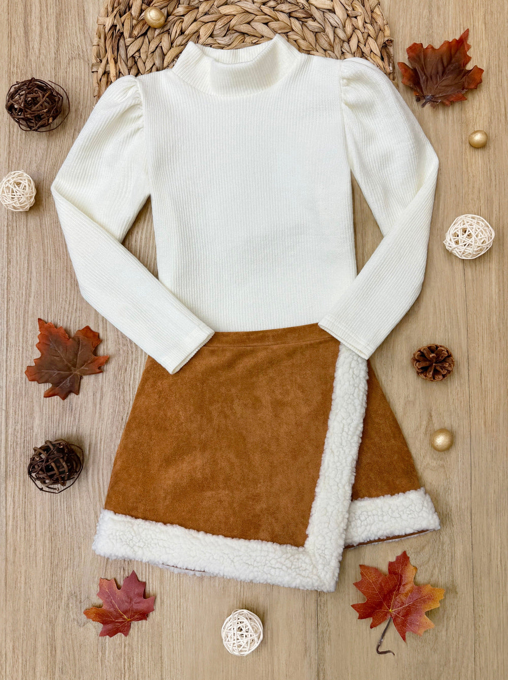 Ivory Turtleneck Top and Camel Fur Trimmed Skort Set Mia Belle Girls