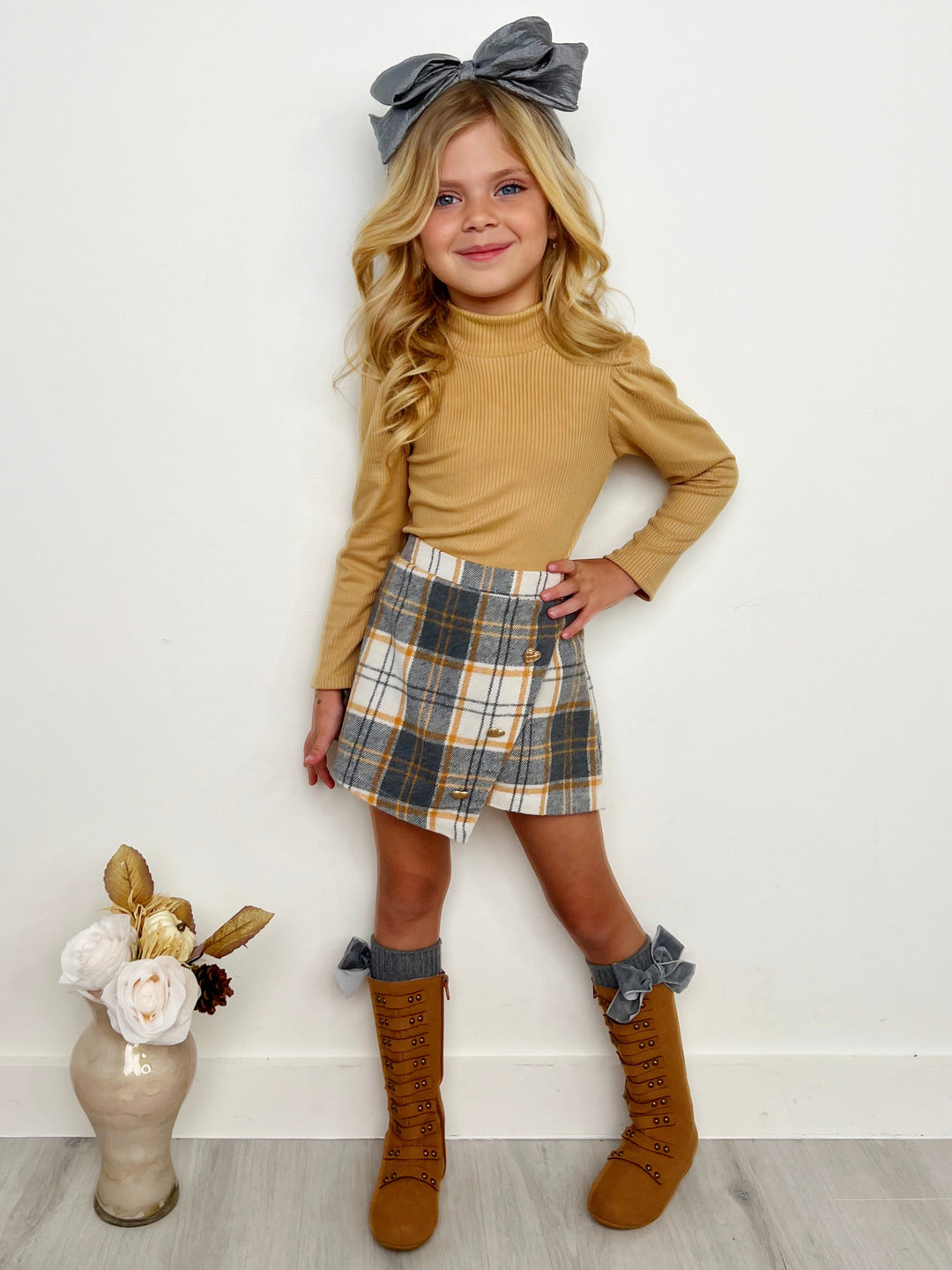 Beige Turtleneck Top and Plaid Skort Set Mia Belle Girls