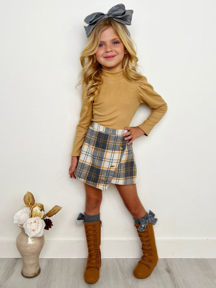 Beige Turtleneck Top and Plaid Skort Set Mia Belle Girls