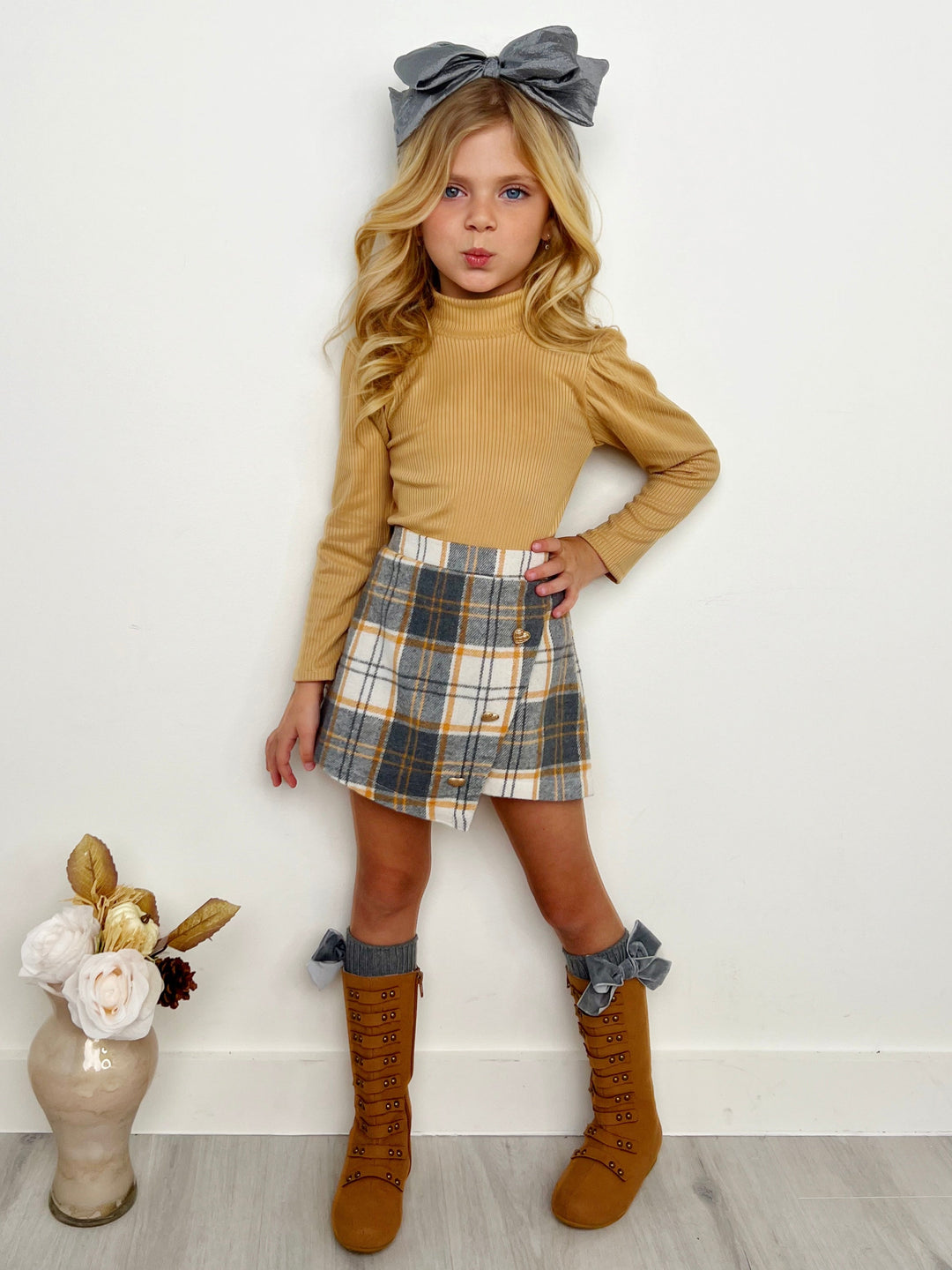 Beige Turtleneck Top and Plaid Skort Set Mia Belle Girls