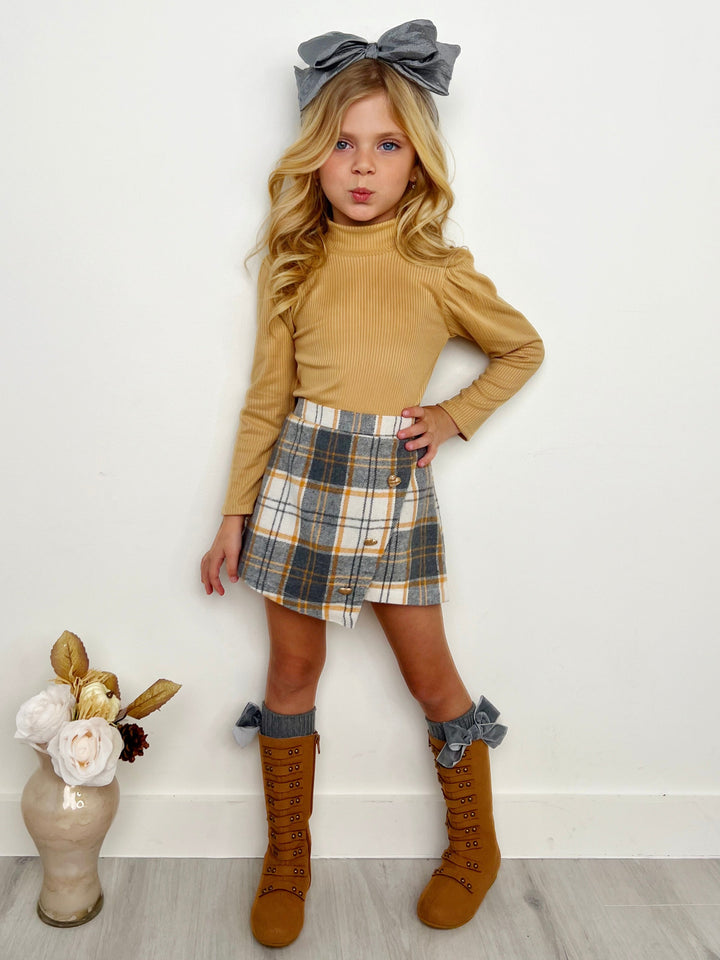Beige Turtleneck Top and Plaid Skort Set Mia Belle Girls
