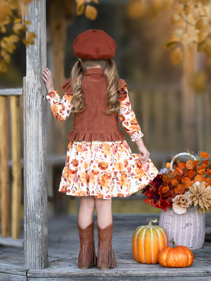 Autumn Floral Faux Suede Vest Dress Set Mia Belle Girls