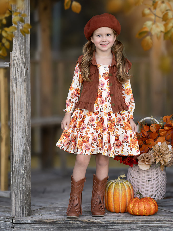 Autumn Floral Faux Suede Vest Dress Set Mia Belle Girls