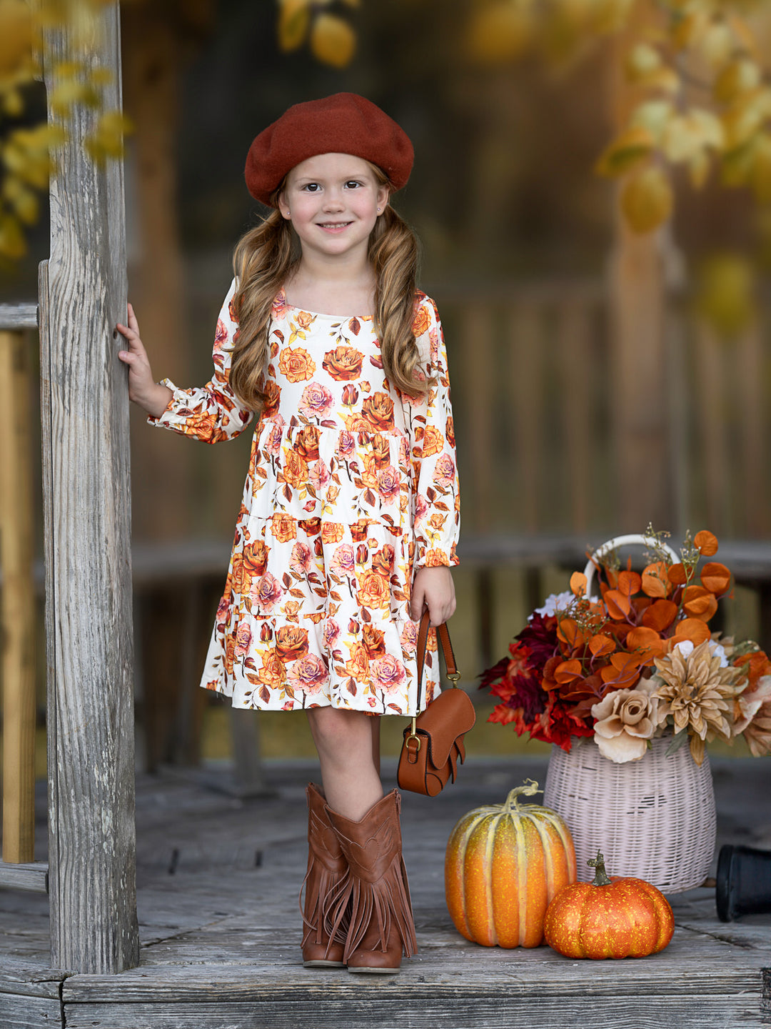 Autumn Floral Faux Suede Vest Dress Set Mia Belle Girls
