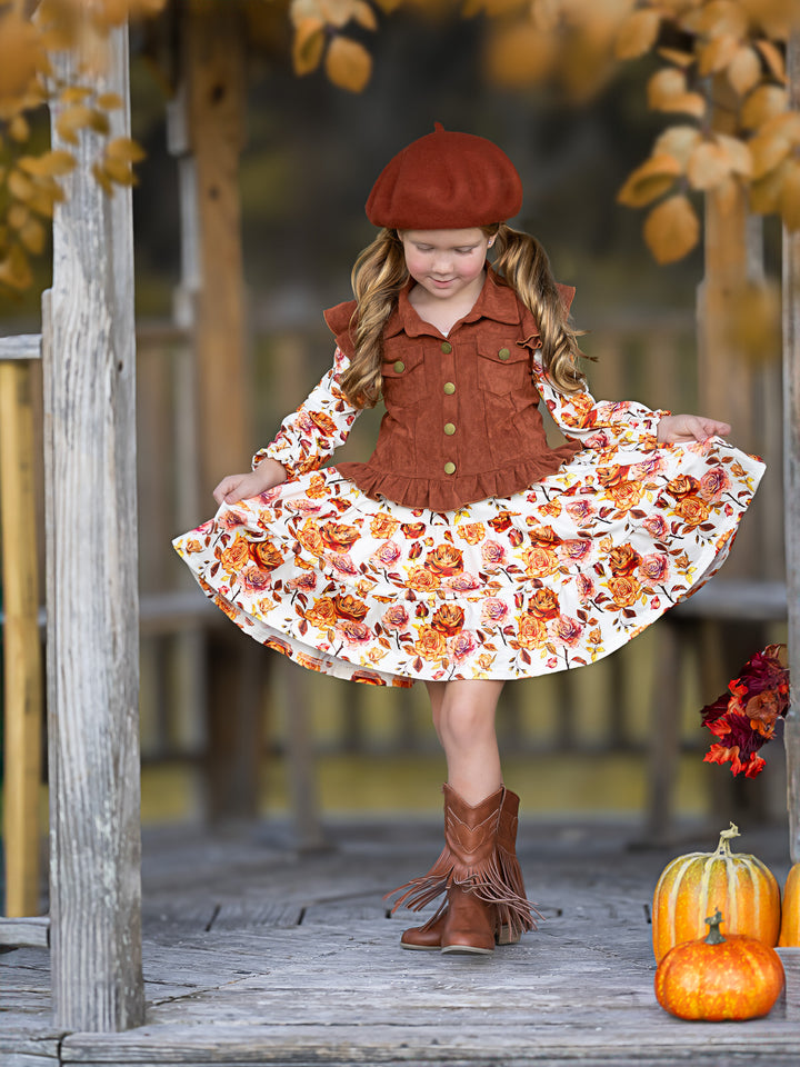 Autumn Floral Faux Suede Vest Dress Set Mia Belle Girls