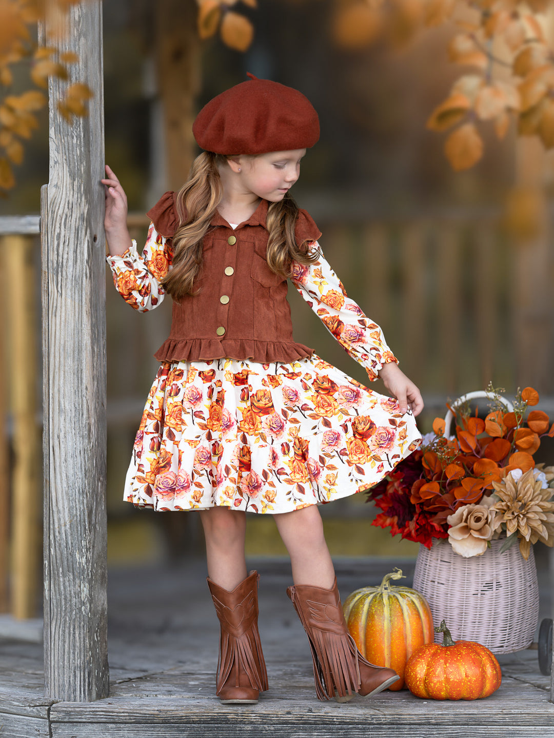 Autumn Floral Faux Suede Vest Dress Set Mia Belle Girls