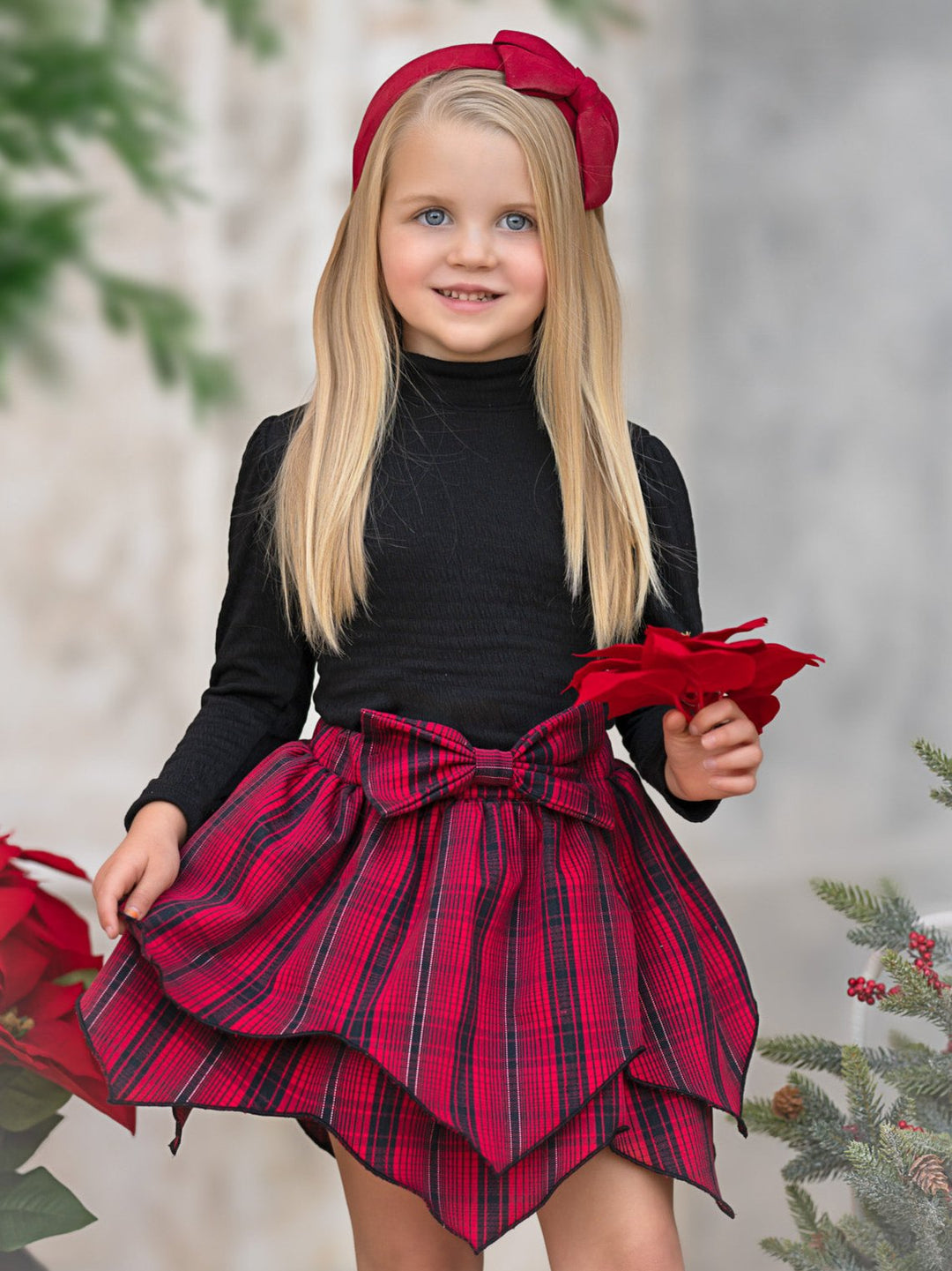 Turtleneck Top and Plaid Handkerchief Skirt Set Mia Belle Girls