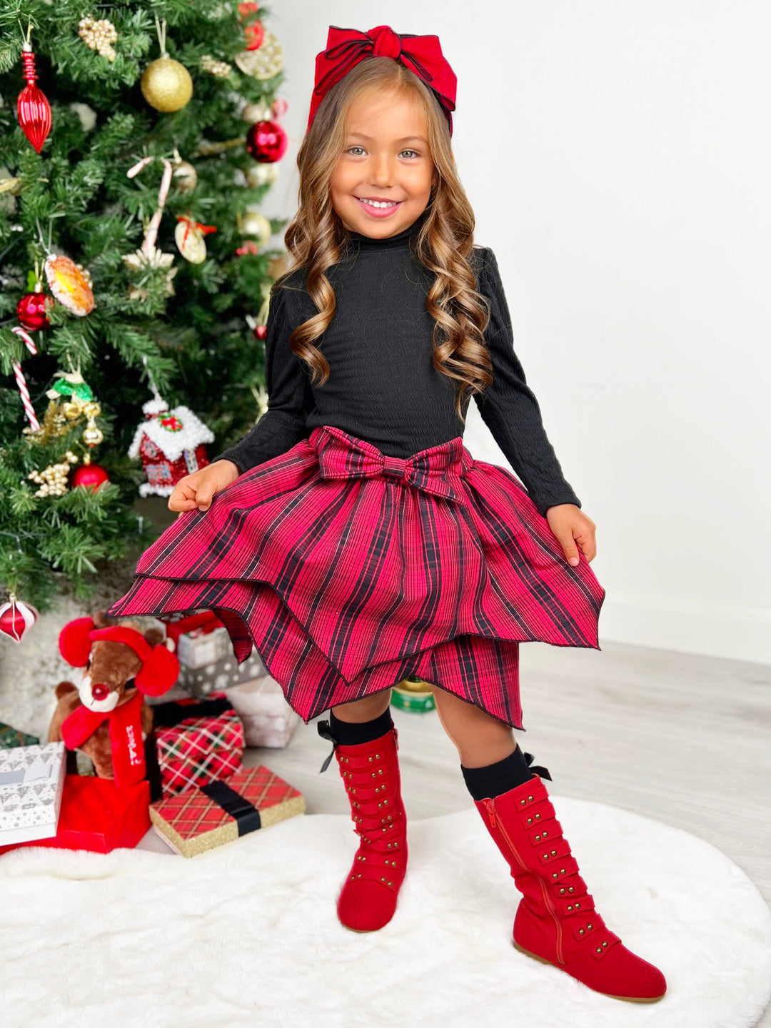 Turtleneck Top and Plaid Handkerchief Skirt Set Mia Belle Girls