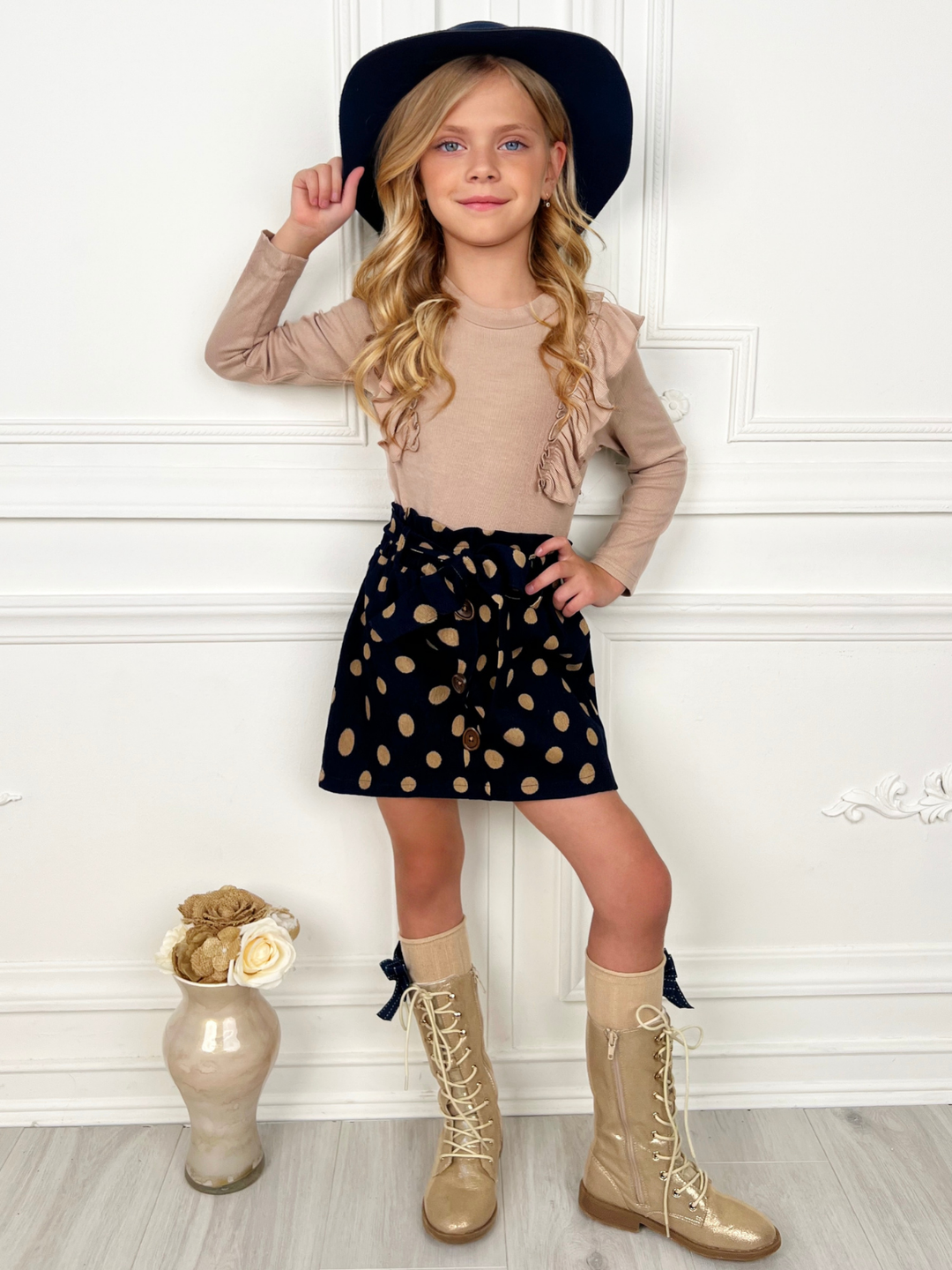 Autumn Dot Ruffled Top and Polka Dot Skirt Set