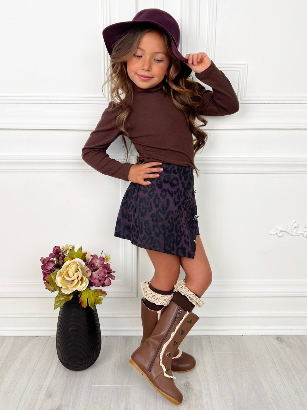 Fall Brown Top & Leopard Denim Skort Set