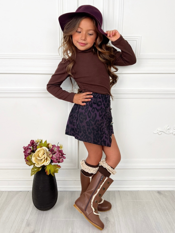 Fall Brown Top & Leopard Denim Skort Set
