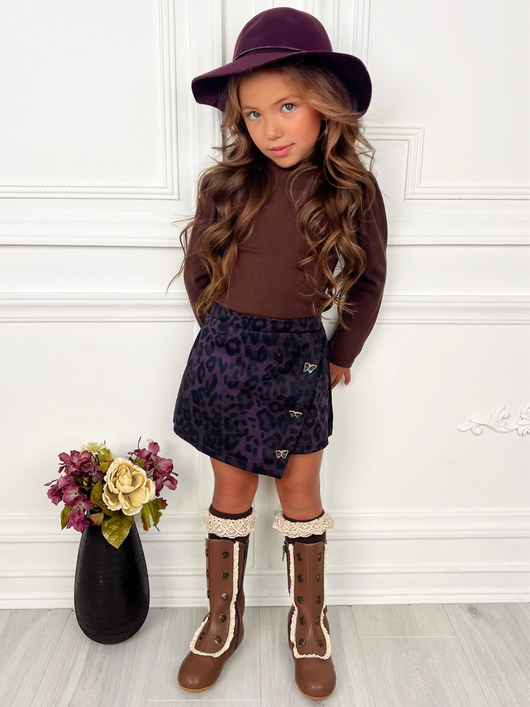Fall Brown Top & Leopard Denim Skort Set