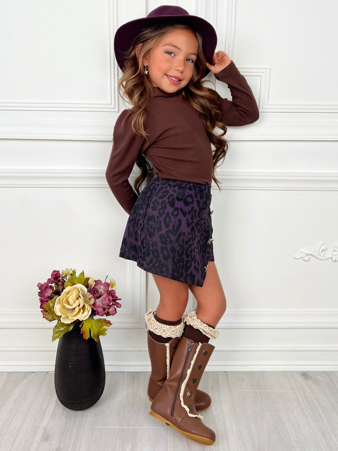 Fall Brown Top & Leopard Denim Skort Set
