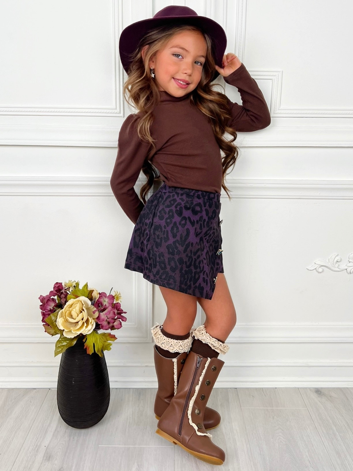 Fall Brown Top & Leopard Denim Skort Set
