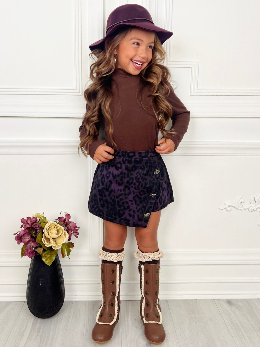 Fall Brown Top & Leopard Denim Skort Set