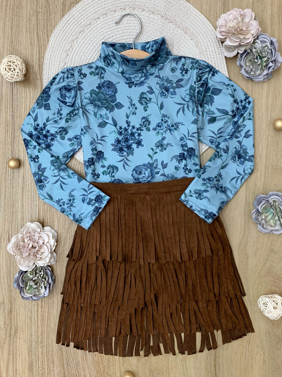 Boho Blue Long Sleeve Top and Fringe Skort Set
