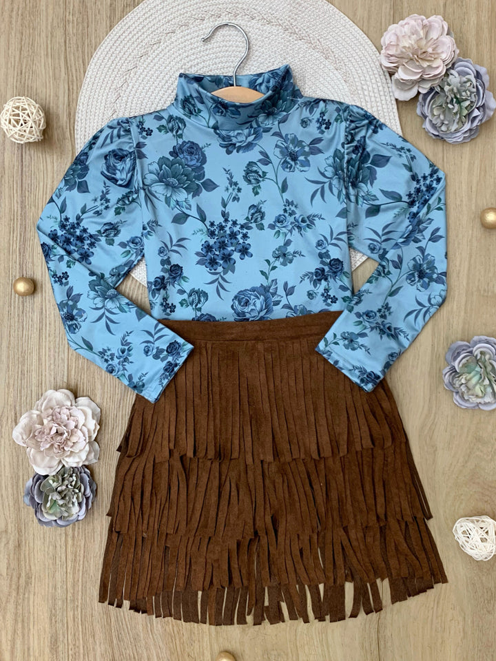 Boho Blue Long Sleeve Top and Fringe Skort Set