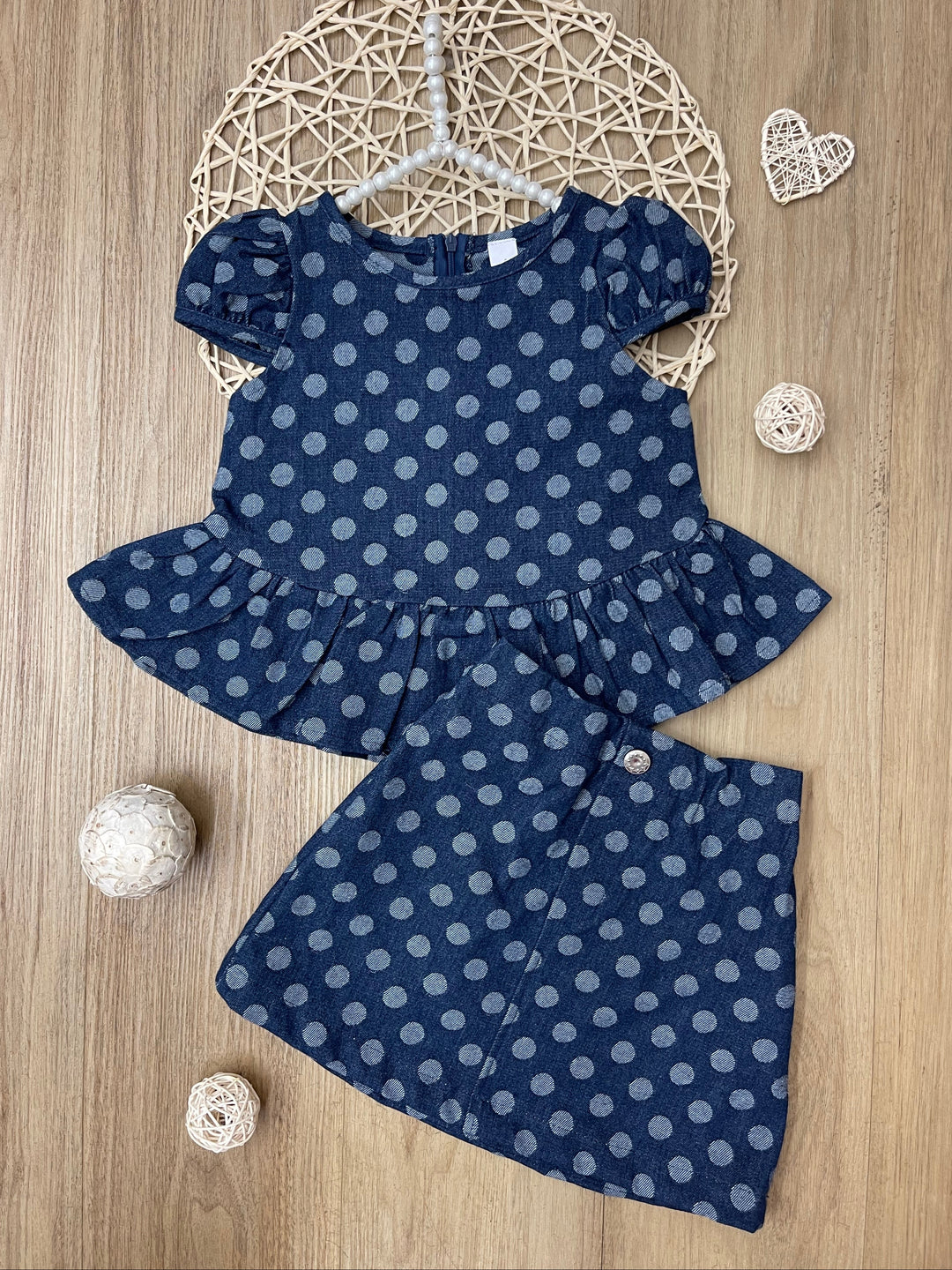 Polka Dot Peplum Matching Denim Top and Skirt Set