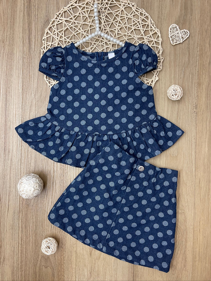 Polka Dot Peplum Matching Denim Top and Skirt Set